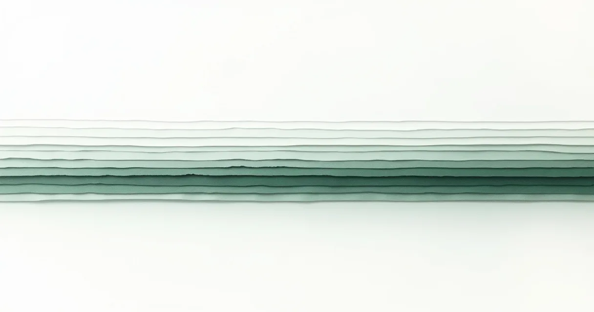 Ilustração abstrata: várias folhas retangulares empilhadas em cascata e vistas de lado, cada uma num tom diferente de verde, deslocadas umas das outras de modo que a ordem da pilha fica visível de fora.