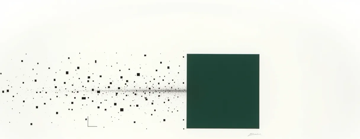 Ilustração abstrata em faixa horizontal: à esquerda, dezenas de pequenos quadrados pretos espalhados de forma irregular sobre fundo claro; da esquerda para a direita eles vão se aproximando e se alinhando até se fundirem, no lado direito, num único bloco verde sólido.